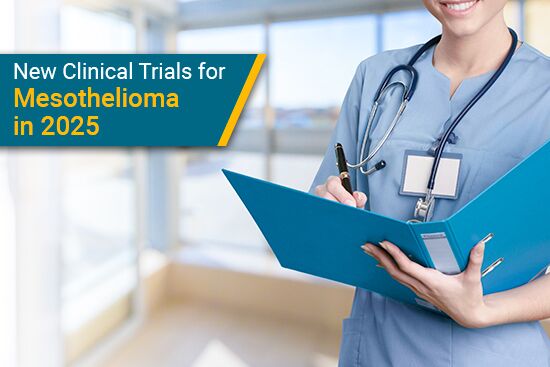 nurse with clipboard talks to mesothelioma clinical trial patient