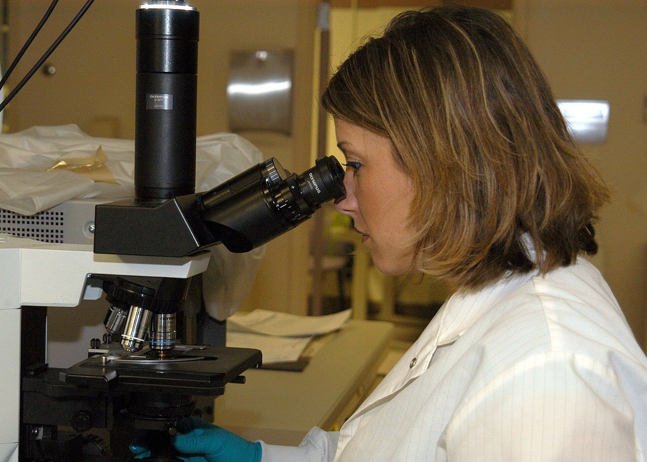 US Navy technician Erin Rotter takes manual differentials of blood samples