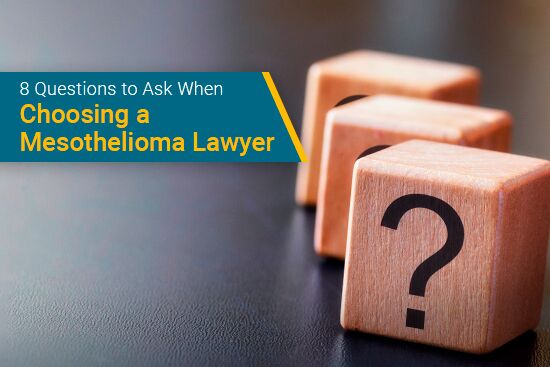 Image of 3 wooden cubes on the right with a black question mark printed on the first cube, on the left text headline that reads "8 Questions to Ask When Choosing a Mesothelioma Lawyer"