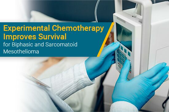 Oncologist wearing blue gloves and turning on chemotherapy IV drip device; blue banner headline in top left corner reads "Experimental Chemotherapy Improves Survival for Biphasic and Sarcomatoid Mesothelioma"